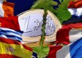 Banderas europa con moneda euro en medio rota