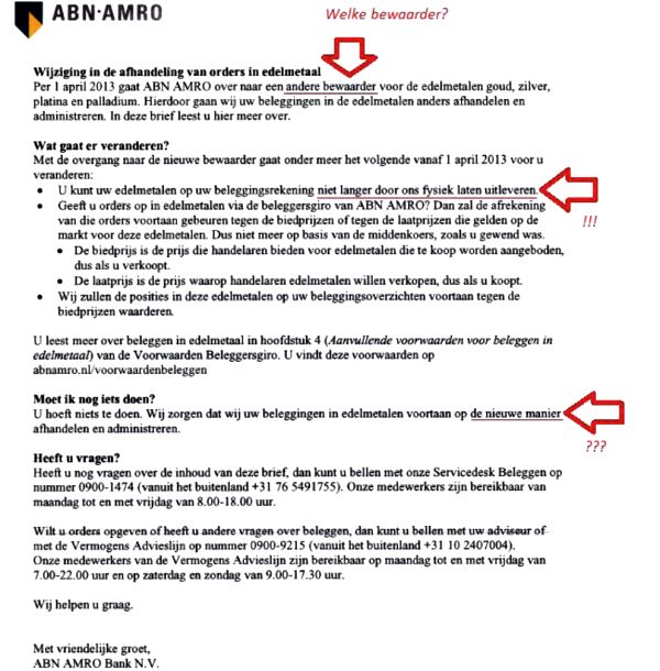 Carta de ABN AMRO a clientes sobre cambios en custodia de oro