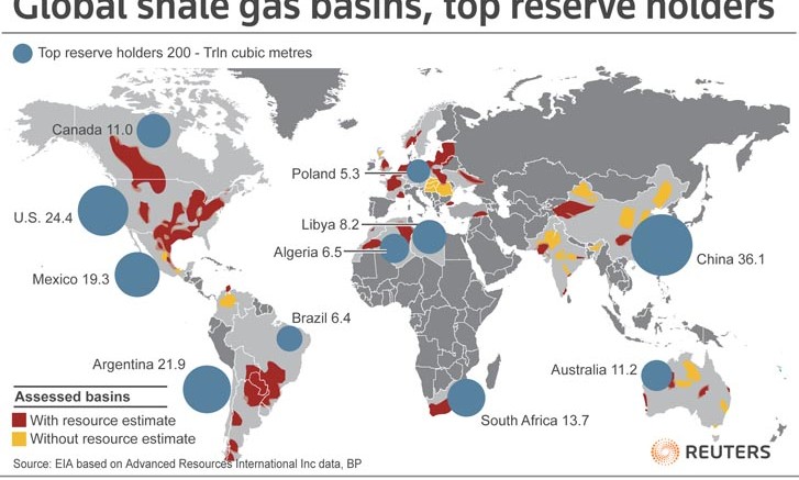 Distribución mundial del fracking