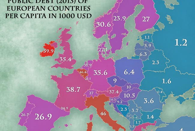 Mapa Deuda publica per capita en Europa en miles de dolares 2013