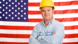 Bandera EEUU Estados Unidos con obrero