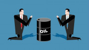 Dos hombres rezandole a un barril de petroleo